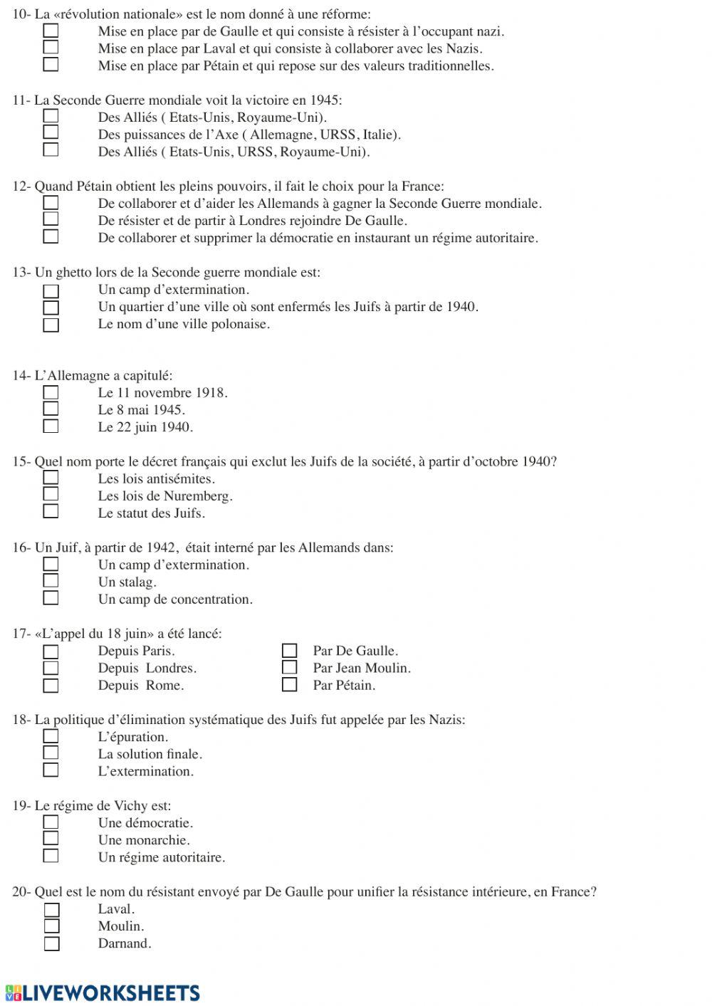 QCM 2nde guerre mondiale
