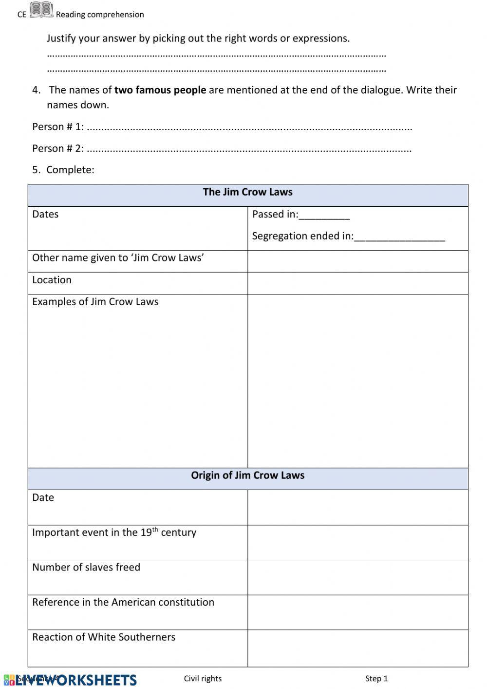 The Jim Crow La… Free Interactive Worksheets 67751