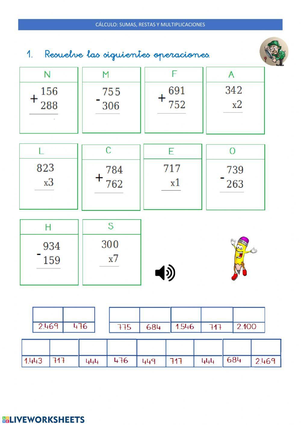 Cálculo sumas, restas y multiplicaciones