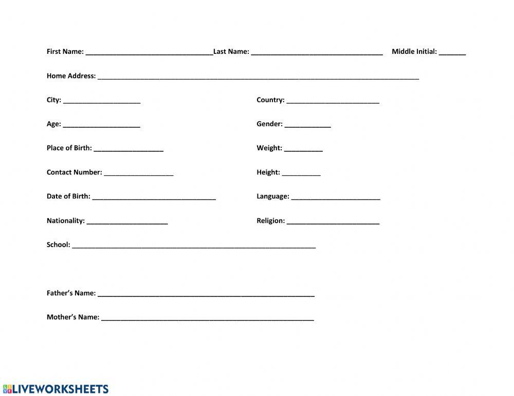 My Personal Information worksheet Live Worksheets
