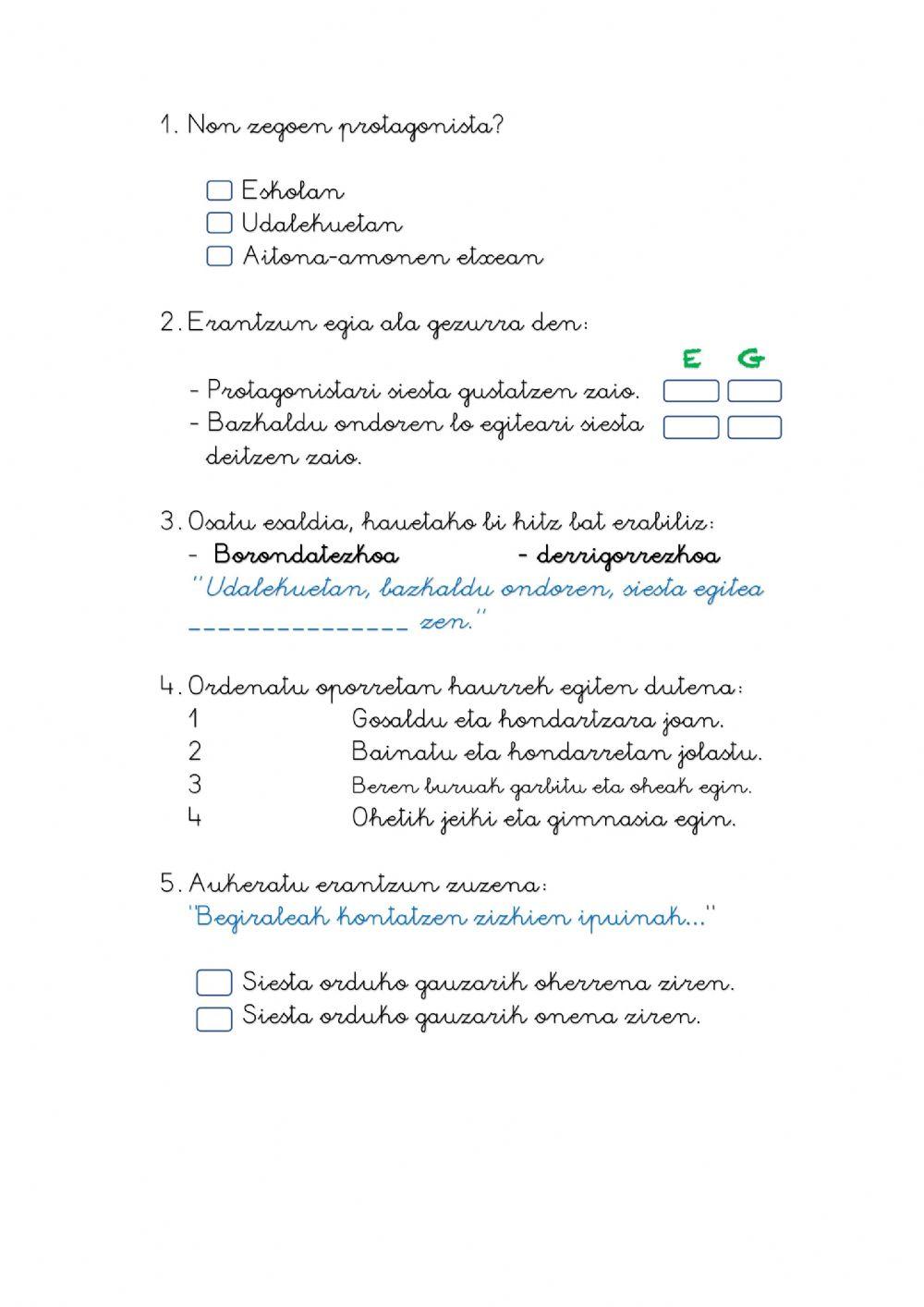 Irakurketa - siesta, galderak