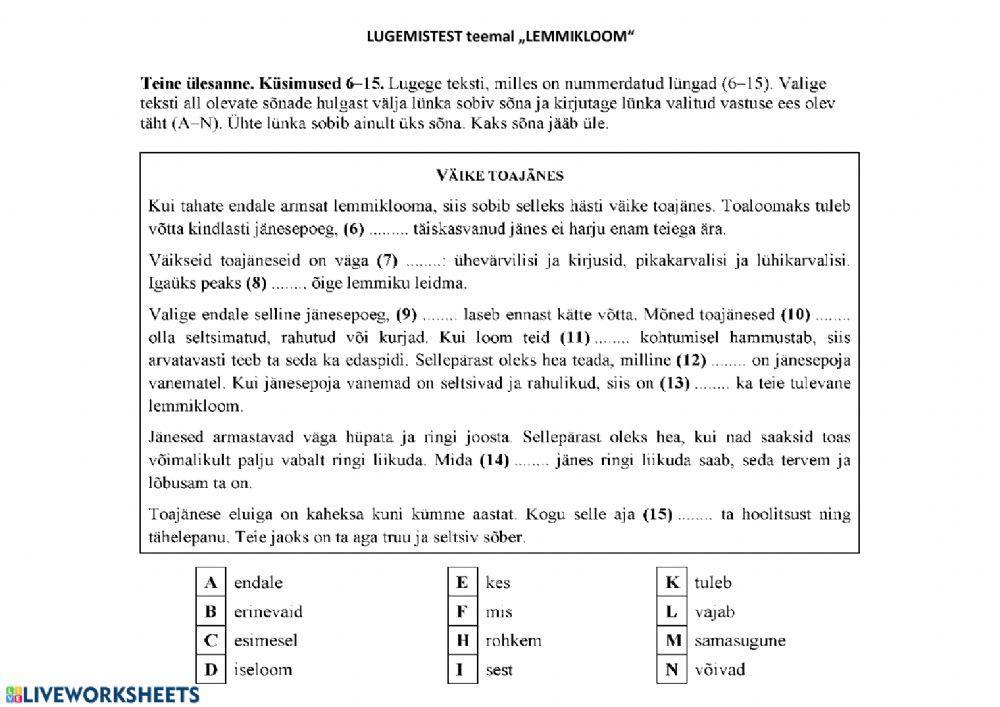 LUGEMISTEST -Väike toajänes