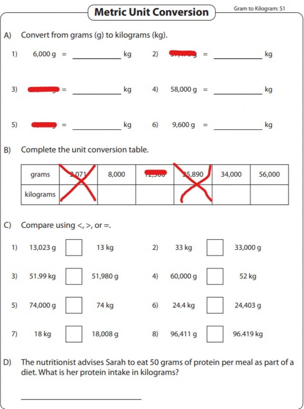 Kg to g worksheet