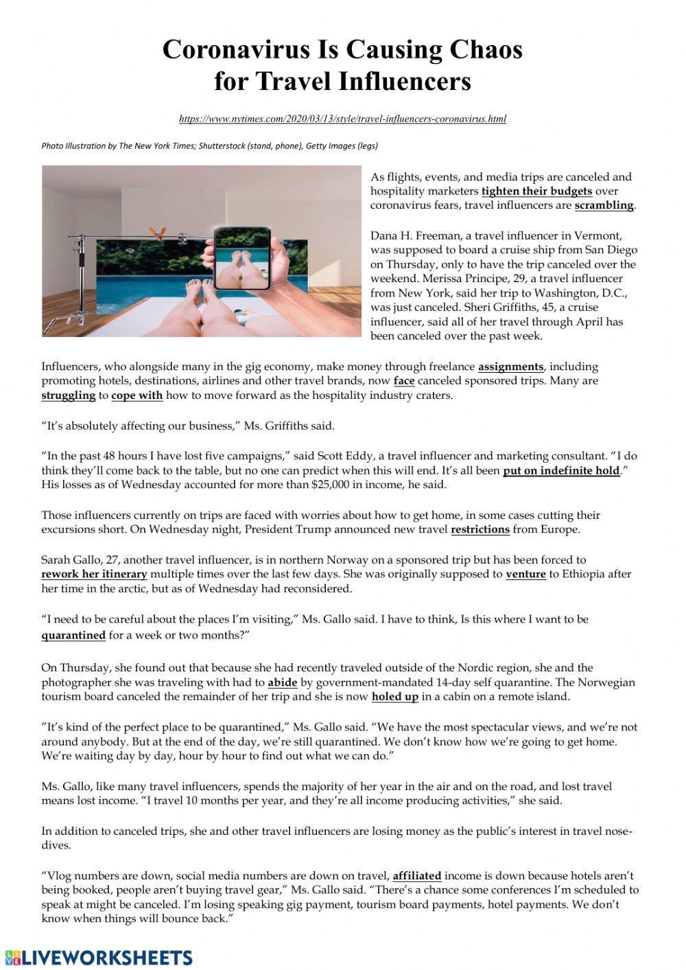 Coronavirus is causing chaos for travel influencers - vocabulary work (NY Times)