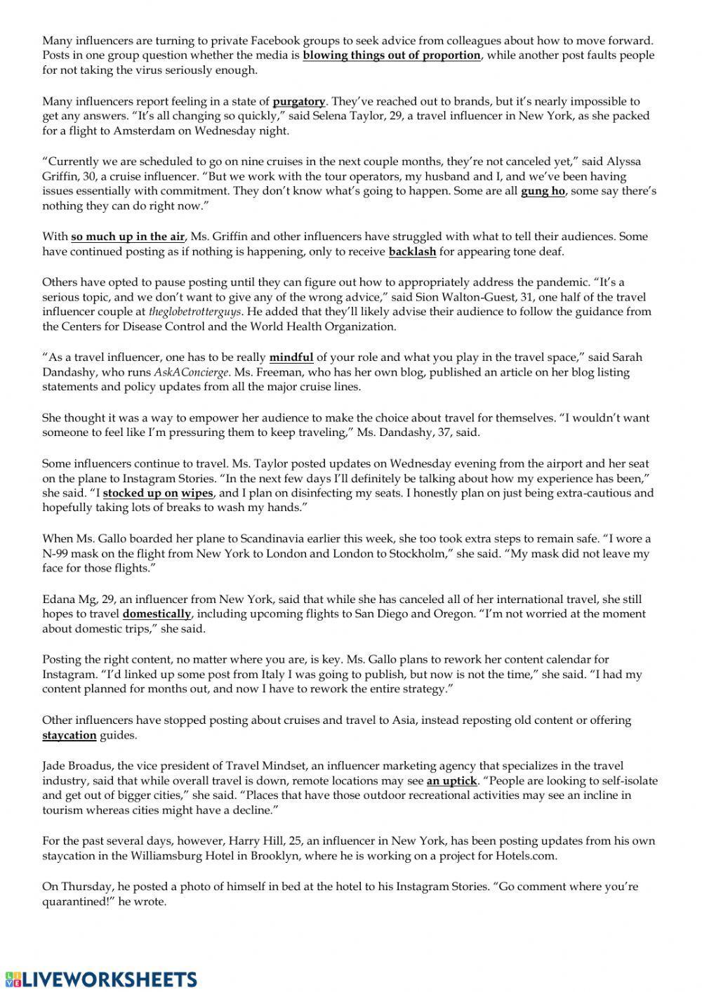 Coronavirus is causing chaos for travel influencers - vocabulary work (NY Times)