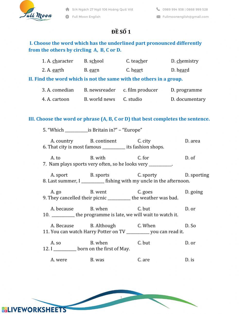 Đề tiếng Anh 1