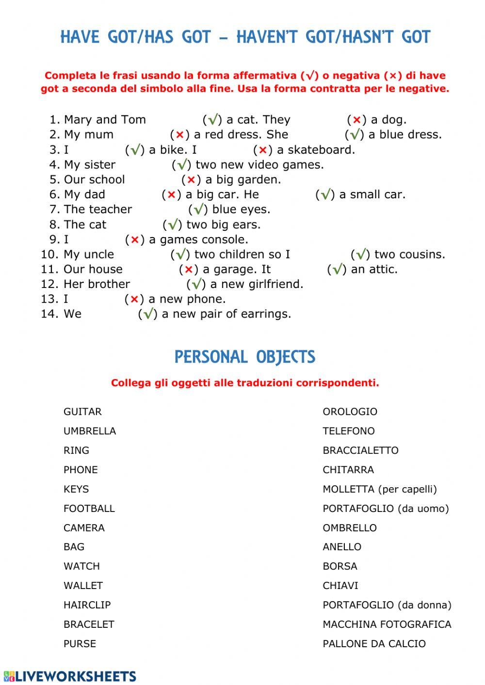 HAVE GOT QUIZ - PERSONAL OBJECTS MATCHING HAVE GOT QUIZ - PERSONAL OBJECTS MATCHING