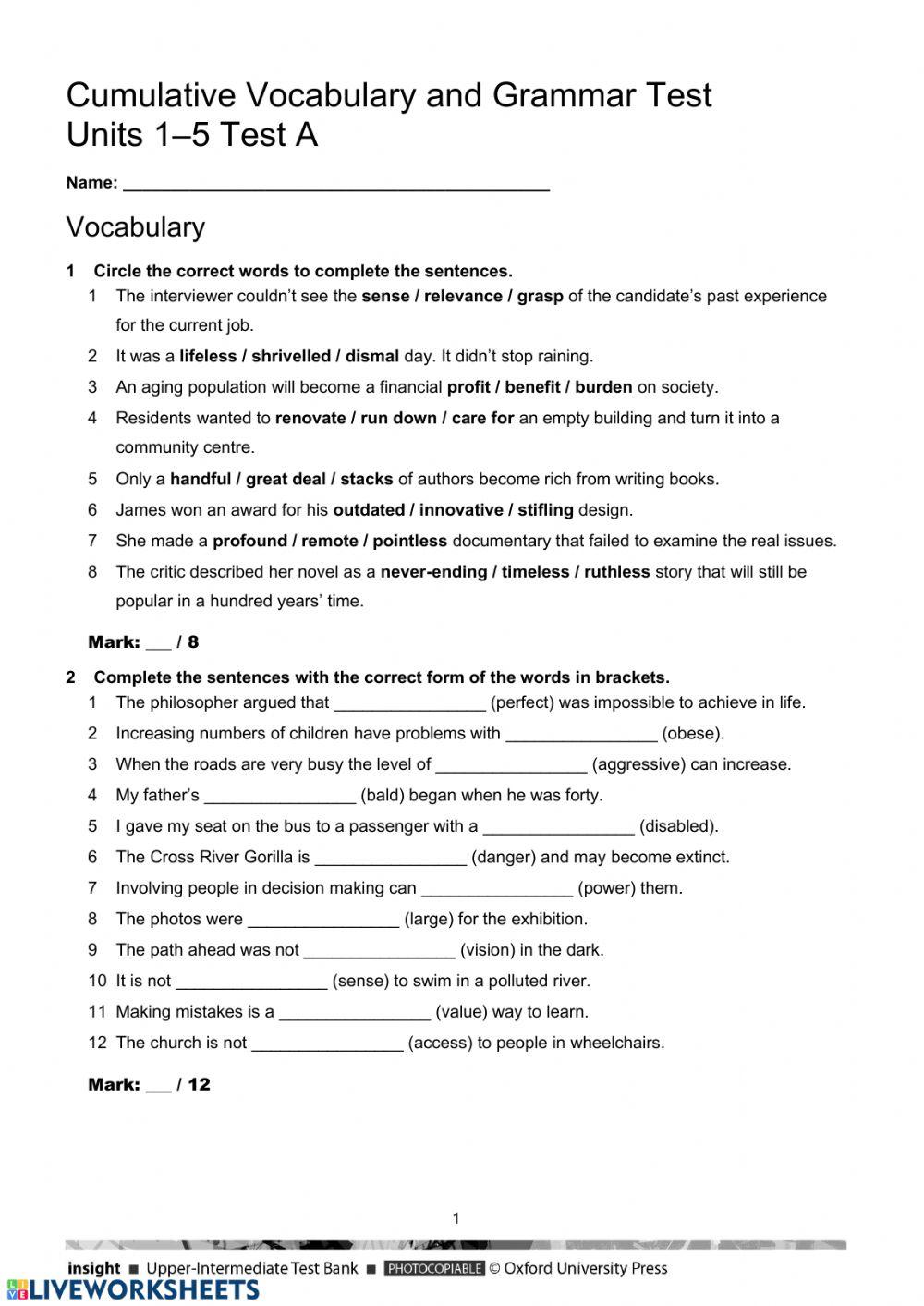 Cumulative vocab and grammar test insight upper