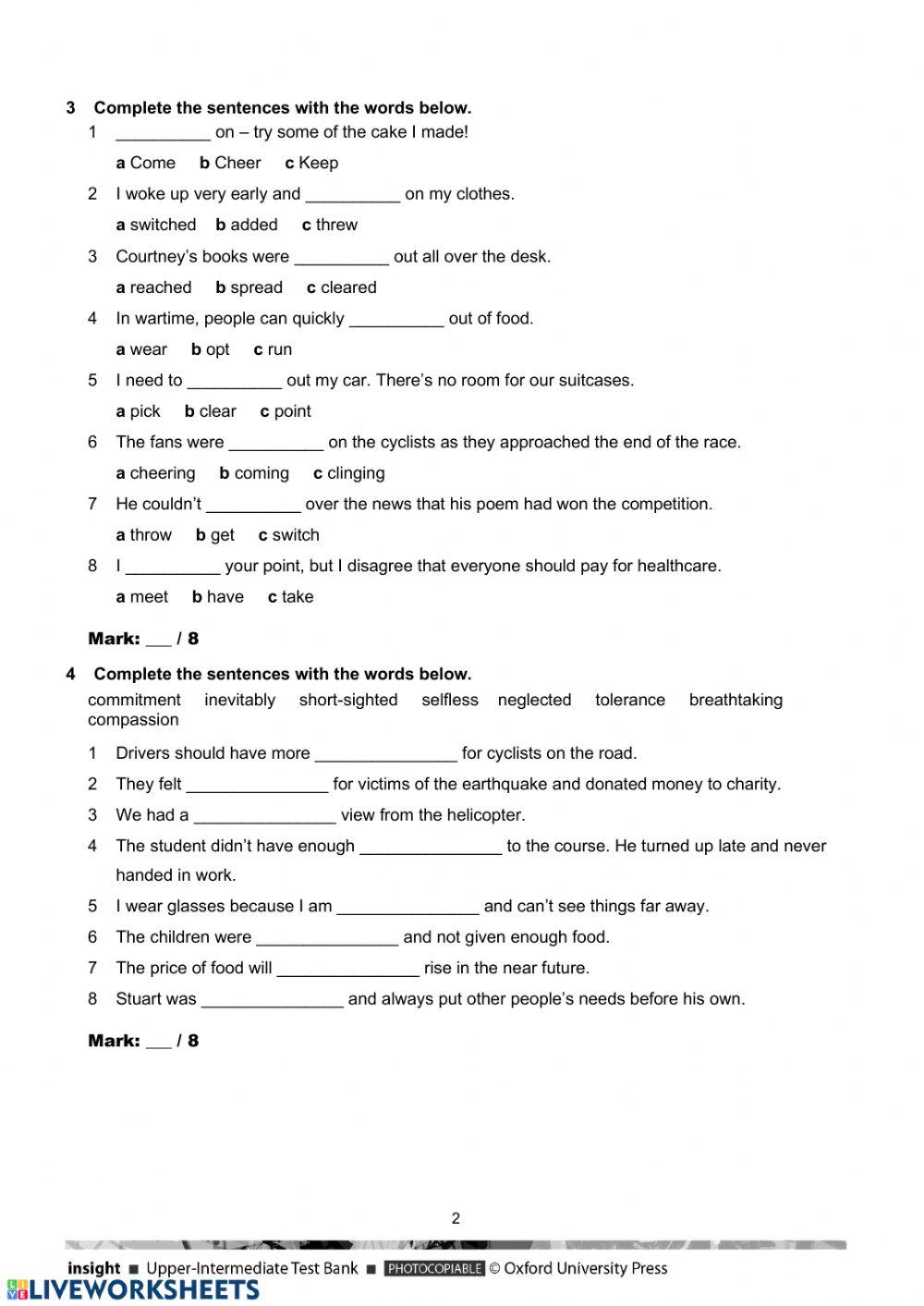 Cumulative vocab and grammar test insight upper