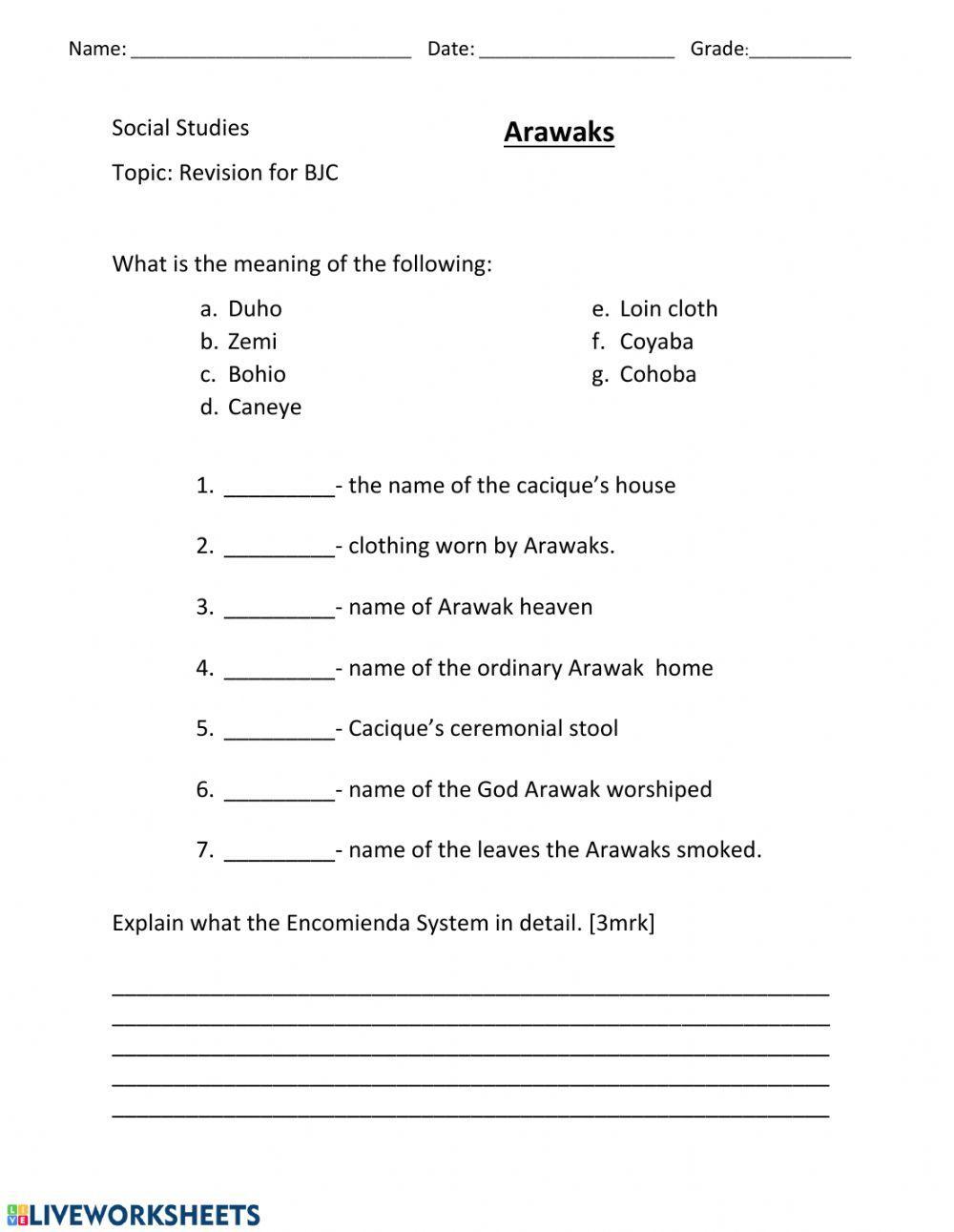 Arawak Worksheet