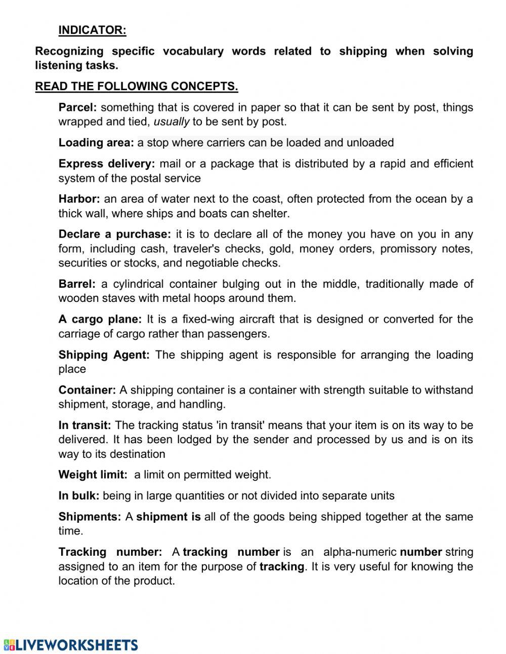 Shippiing, online shopping, vocabulary