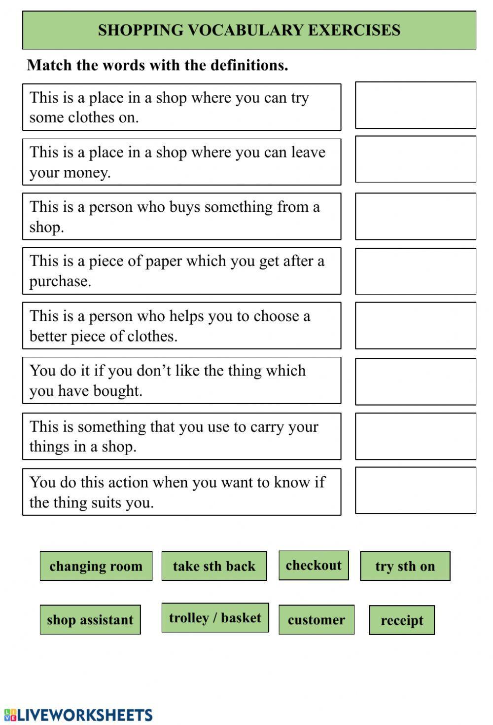 Shopping vocabulary exercise