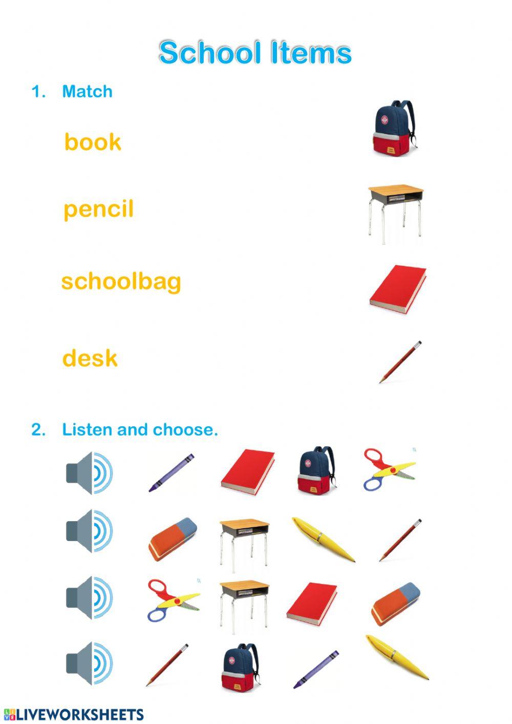 School Items:Book, pencil, schoolbag, desk.