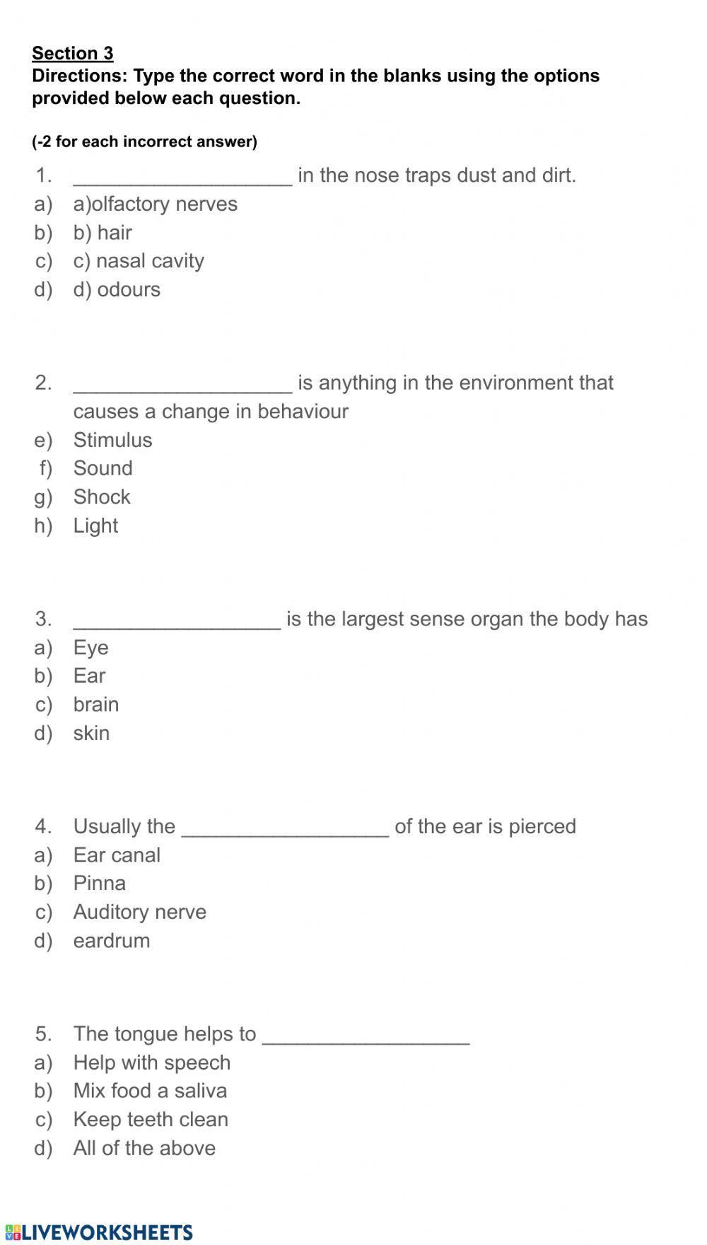 MBCA Gr. 4 Science Test - 5 Senses