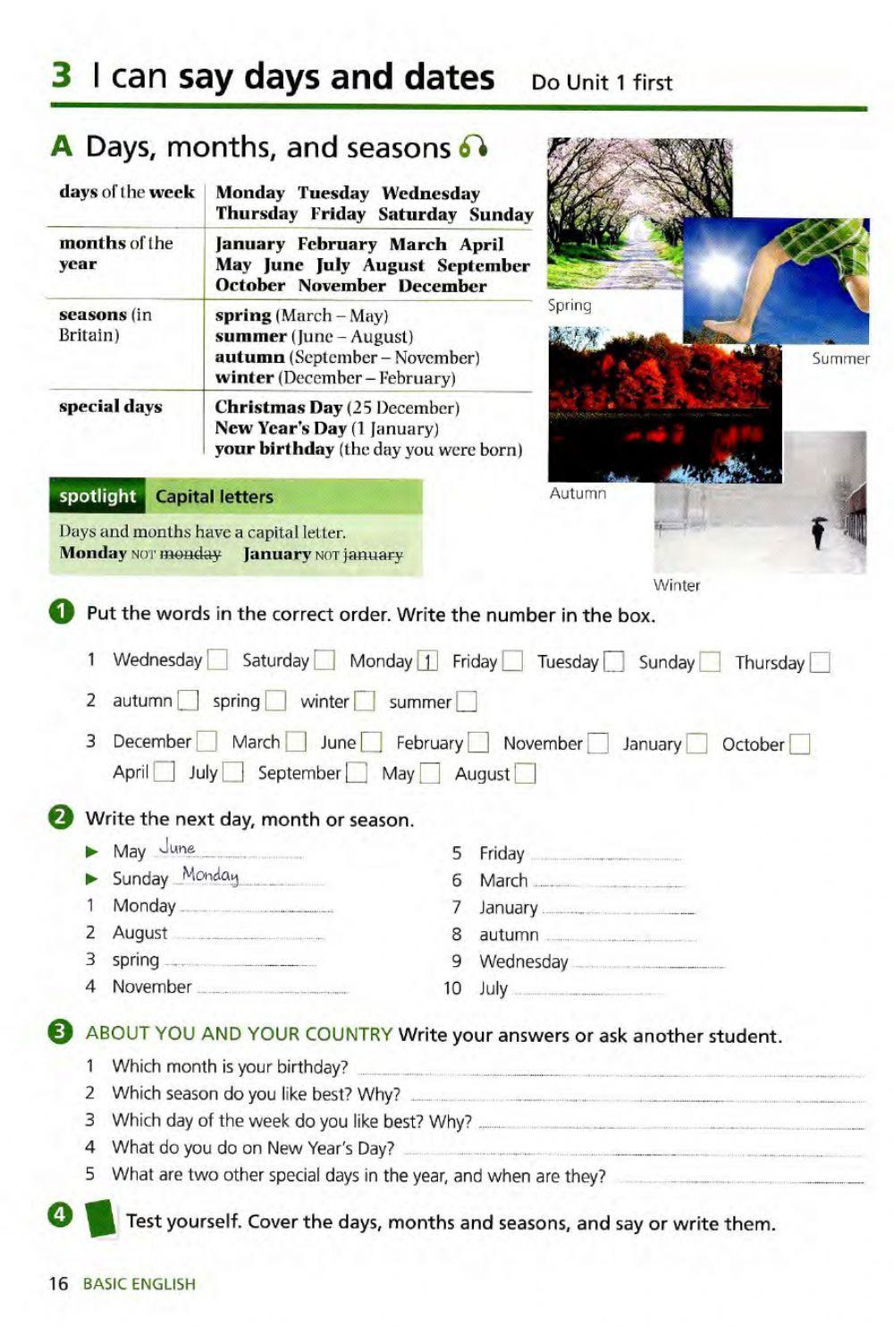 Days, month, seasons