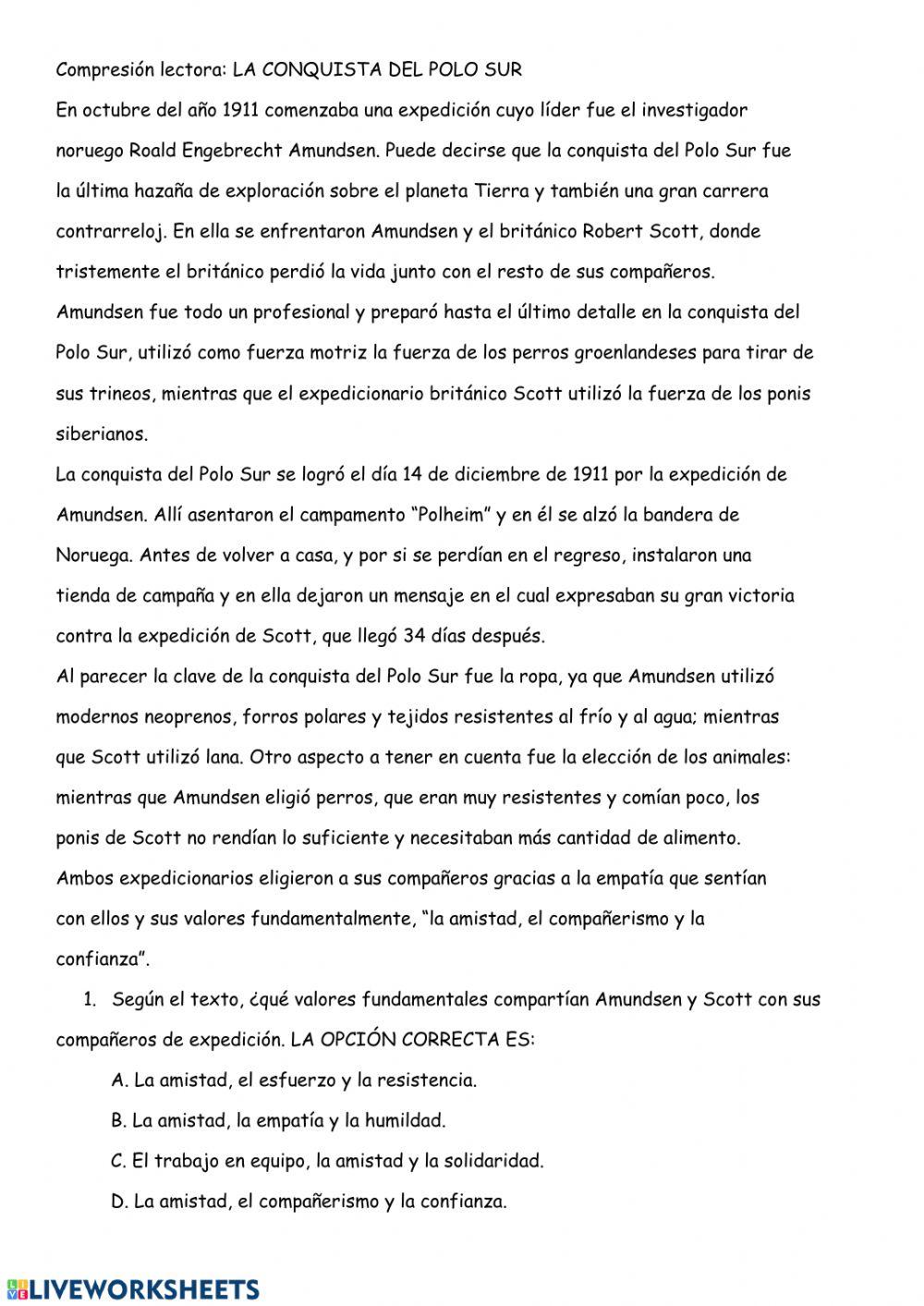 COMPRENSIÓN LECTORA. LA CONQUISTA DE POLO SUR