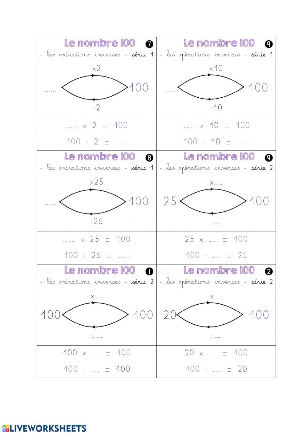 Le nombre 100 - Divisions et multiplications