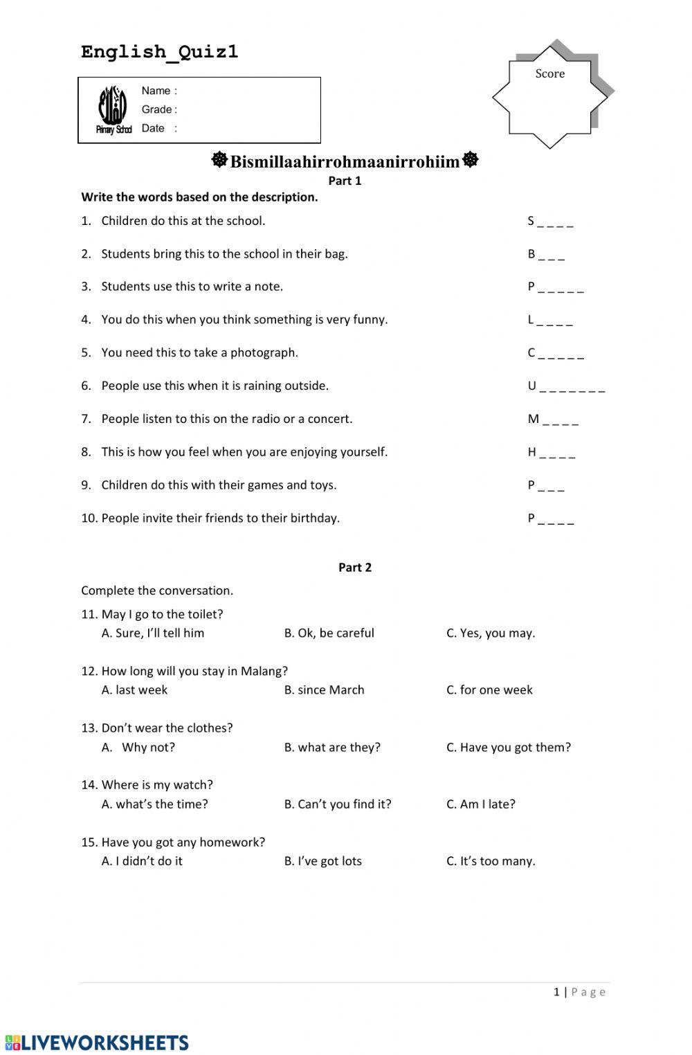English Quiz 1
