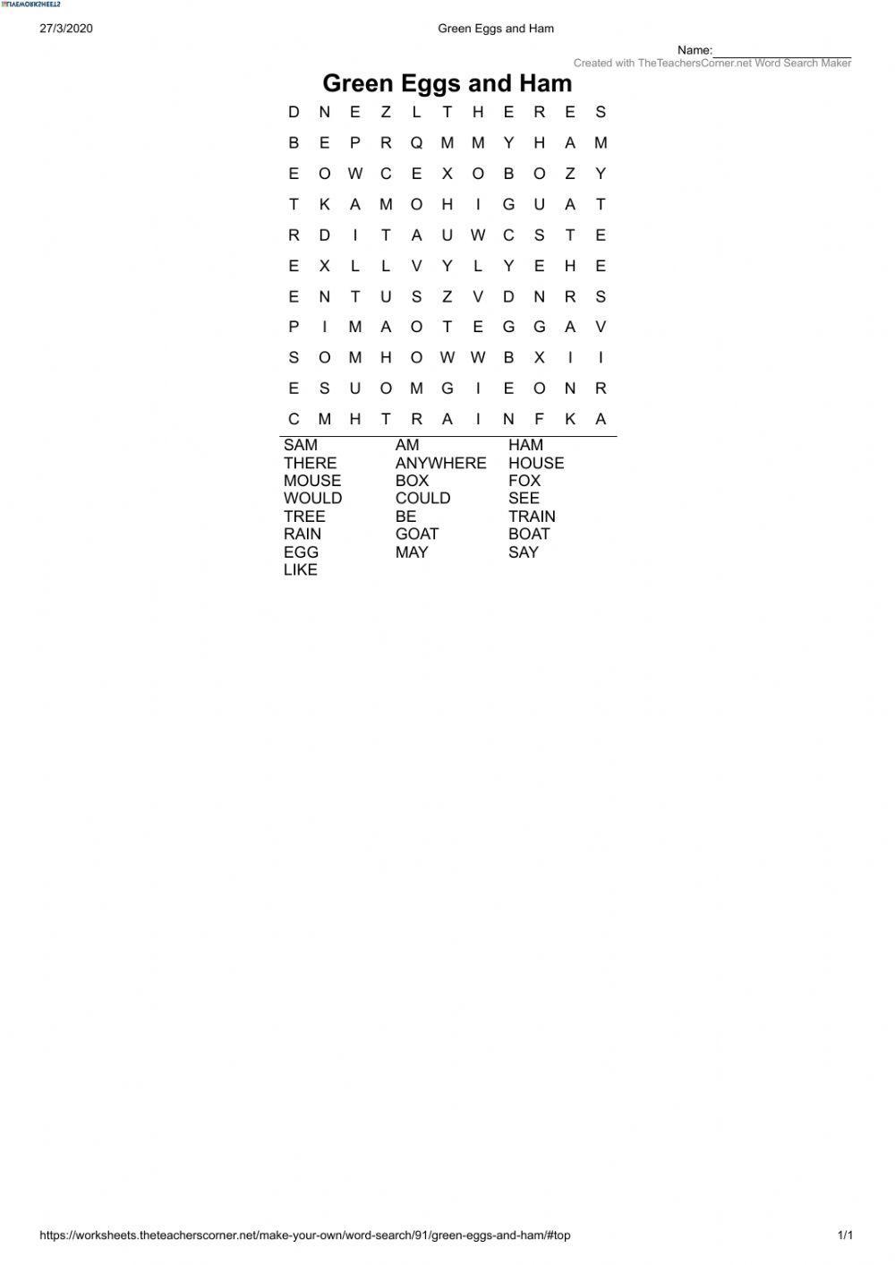 Eggs and Ham by Dr. Seuss - Word Search