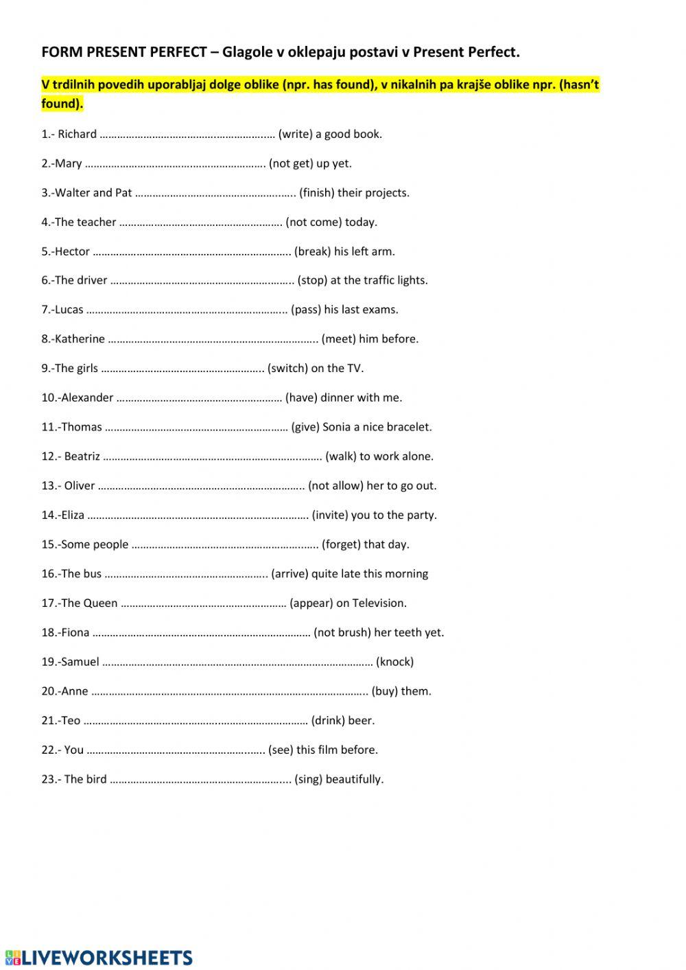 Present Perfect free online activity | Live Worksheets