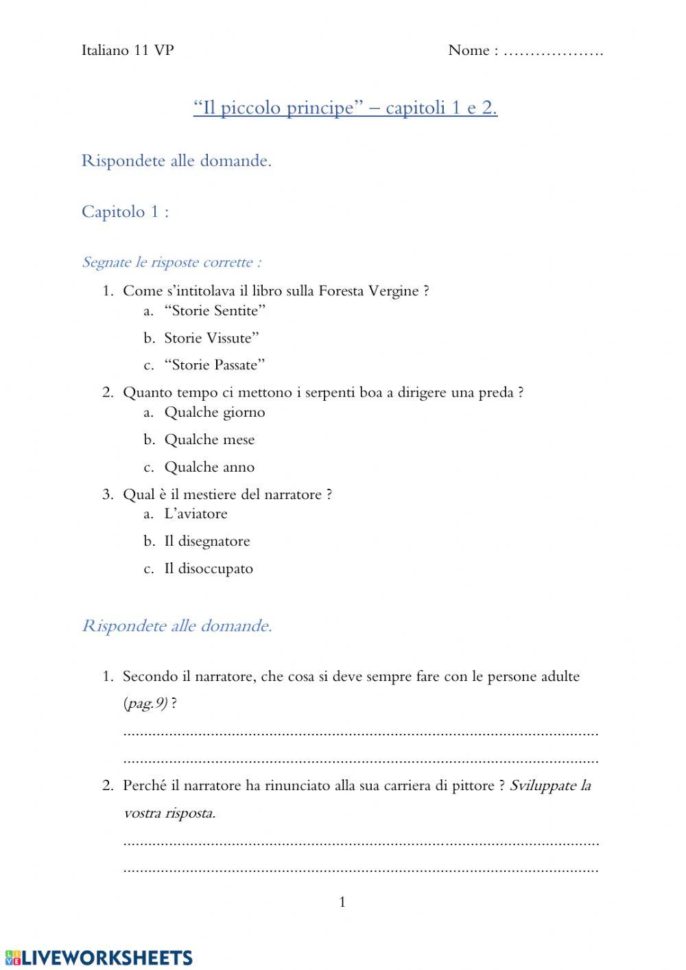Lettura il piccolo principe. Domande capitoli 1 e 2