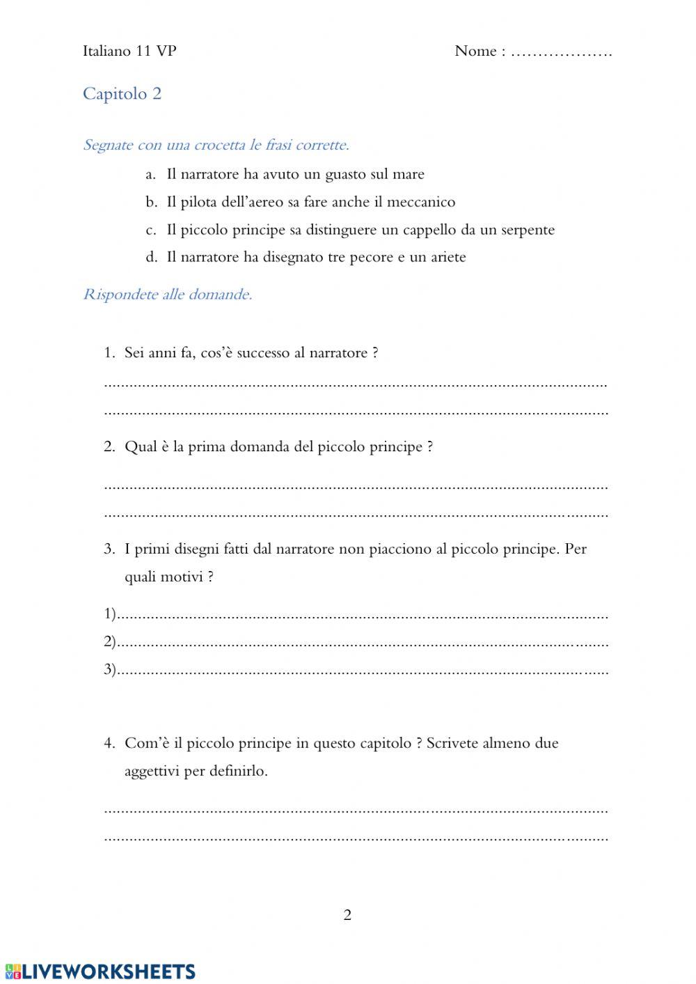 Lettura il piccolo principe. Domande capitoli 1 e 2