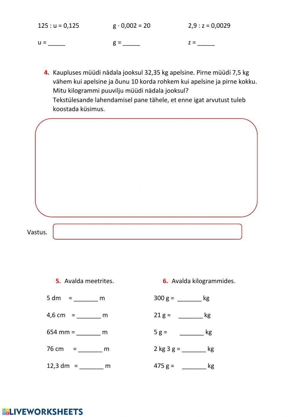 Kümnendmurru korrutamine ja jagamine järguühikuga 10, 100, 1000, ...