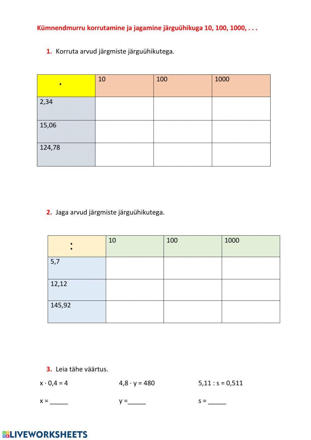 Kümnendmurru korrutamine ja jagamine järguühikuga 10, 100, 1000, ...