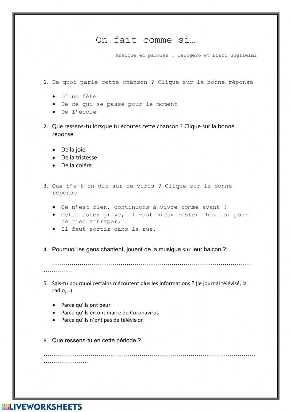 Calogero On fait comme si worksheet Live Worksheets
