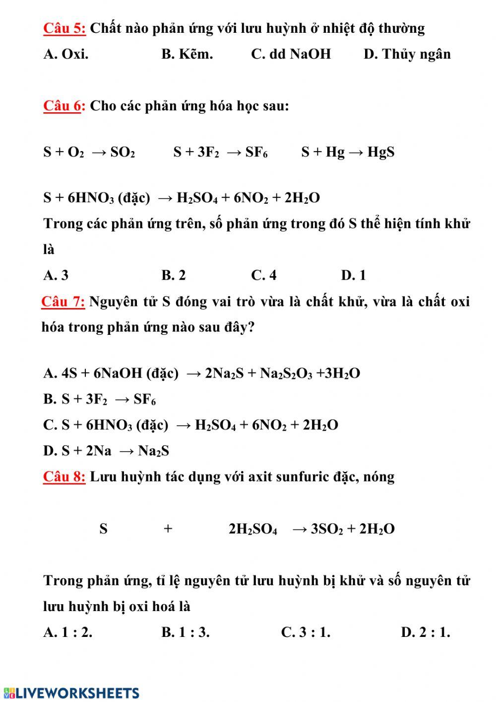 Trắc nghiệm lưu huỳnh