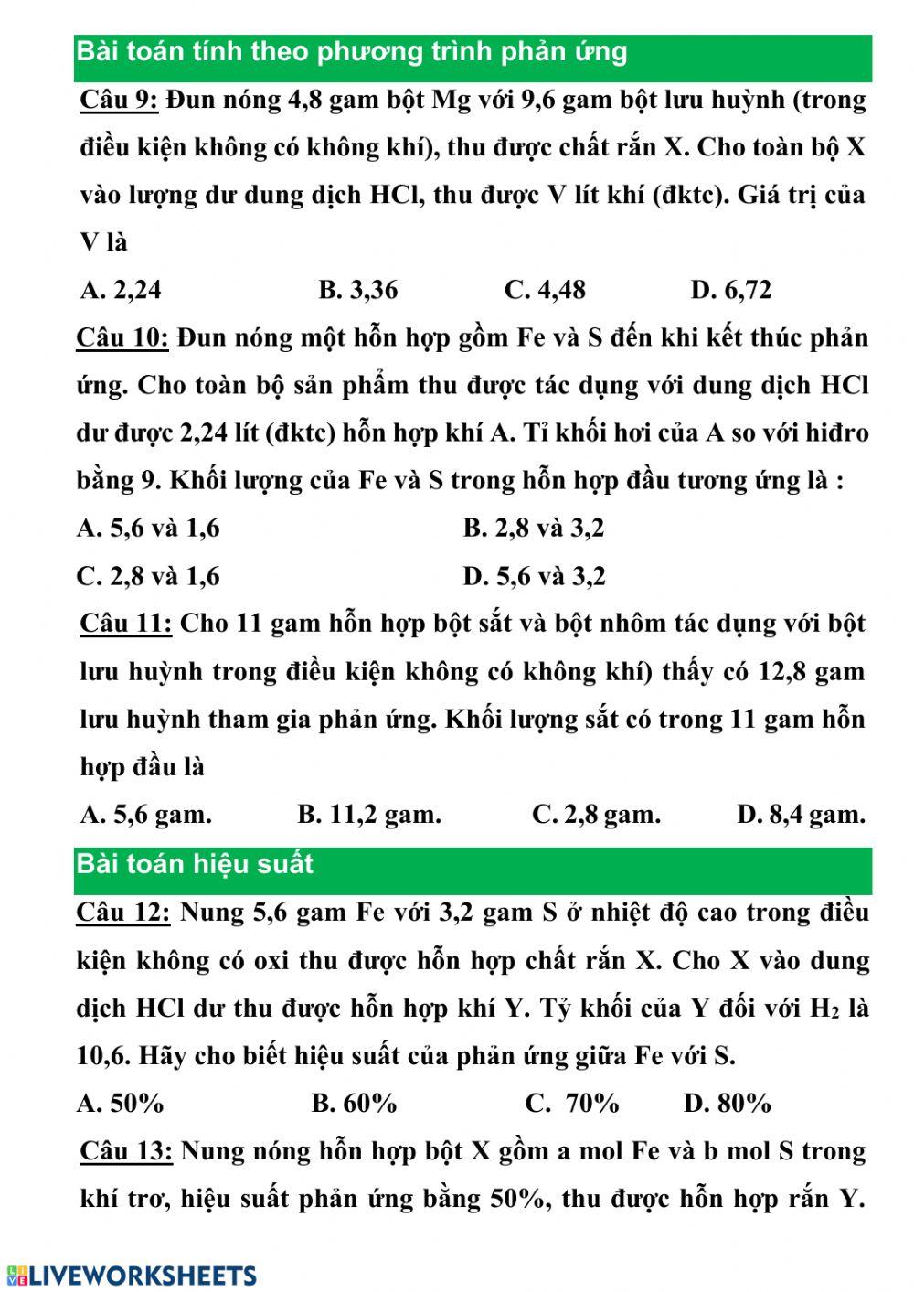 Trắc nghiệm lưu huỳnh