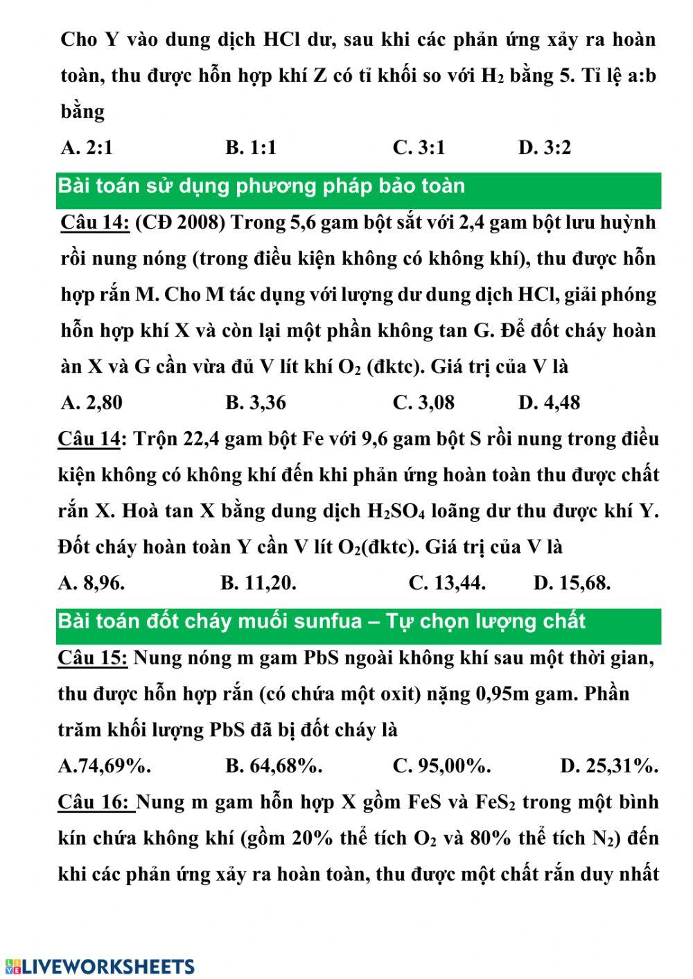Trắc nghiệm lưu huỳnh