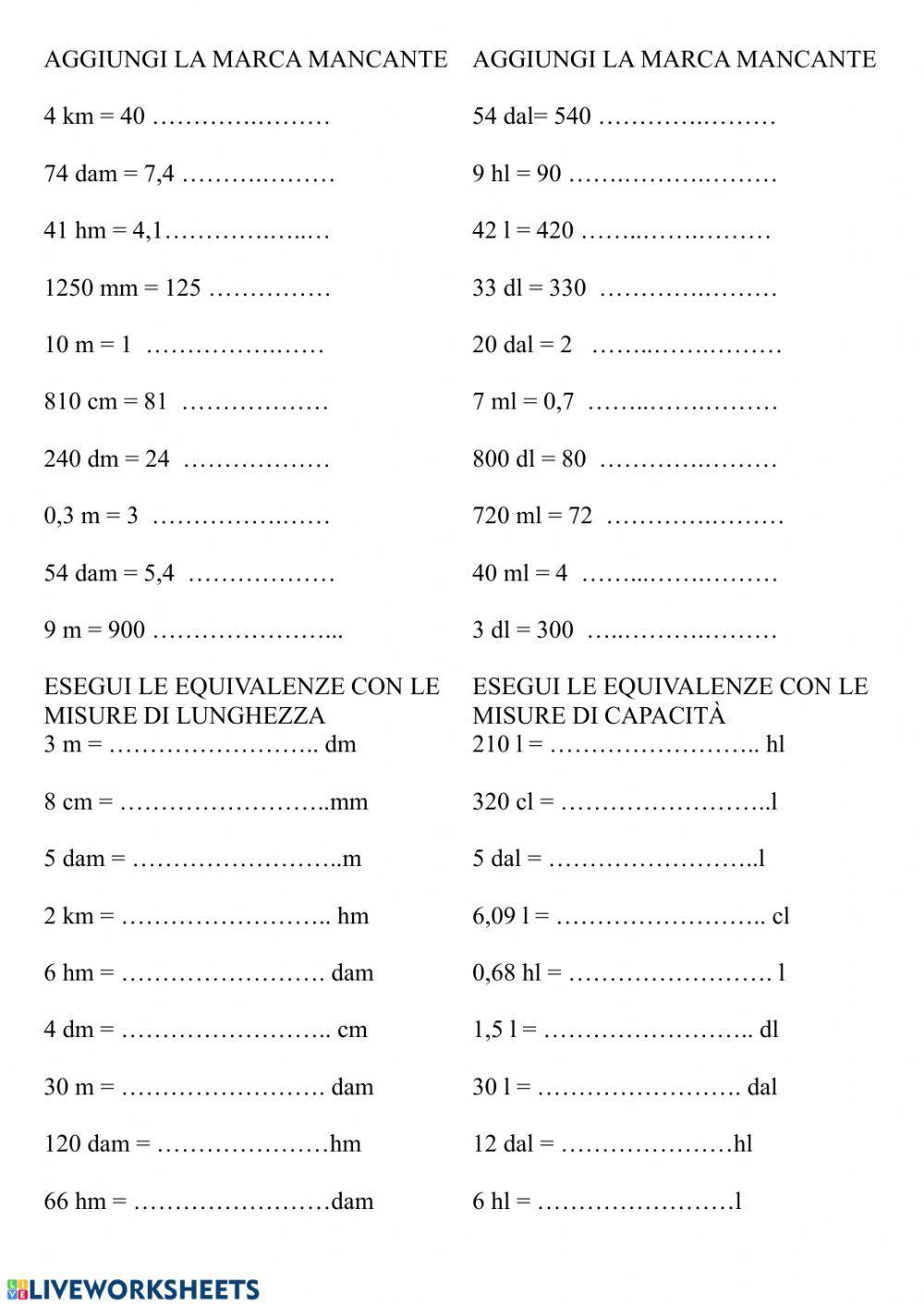 Misure di capacità e lunghezza