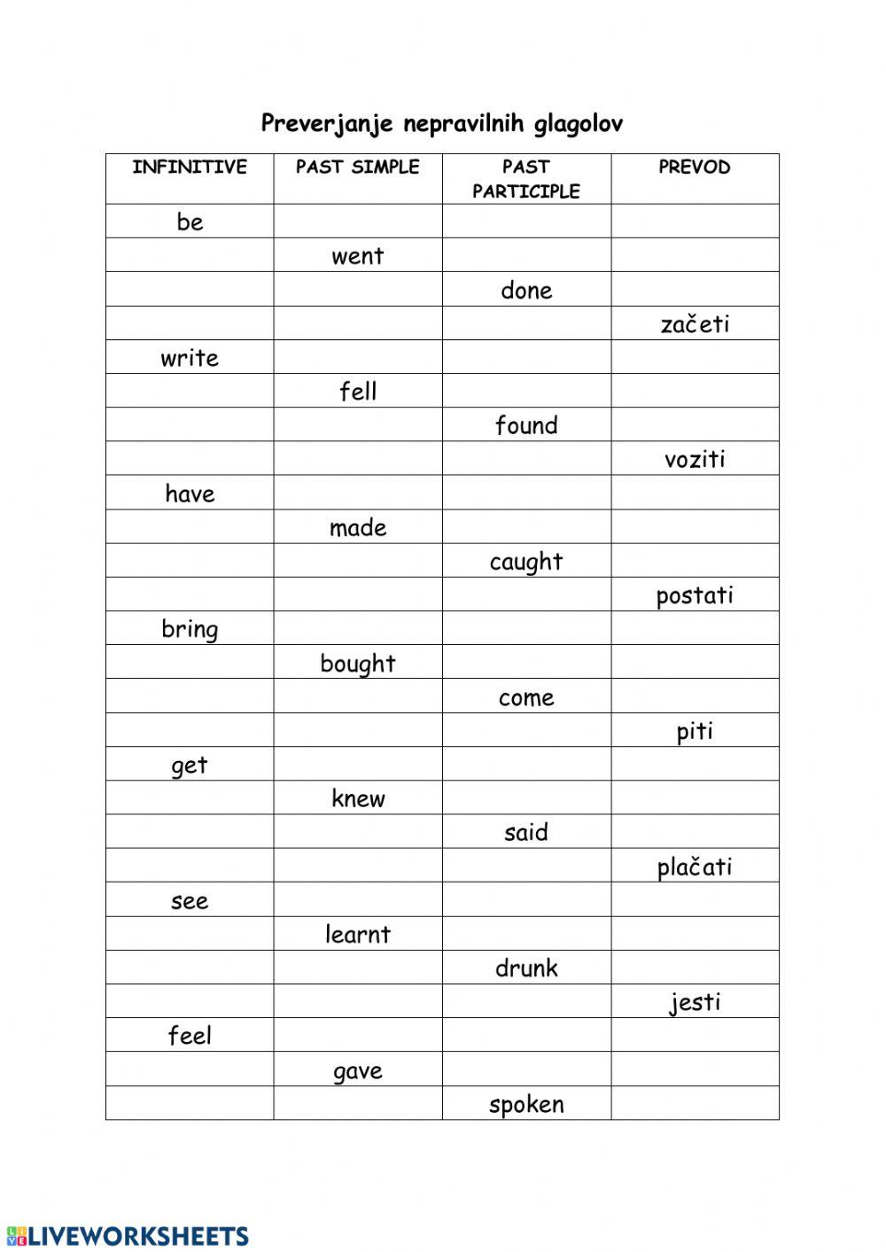 Irregular verbs Part 1 (težja naloga)