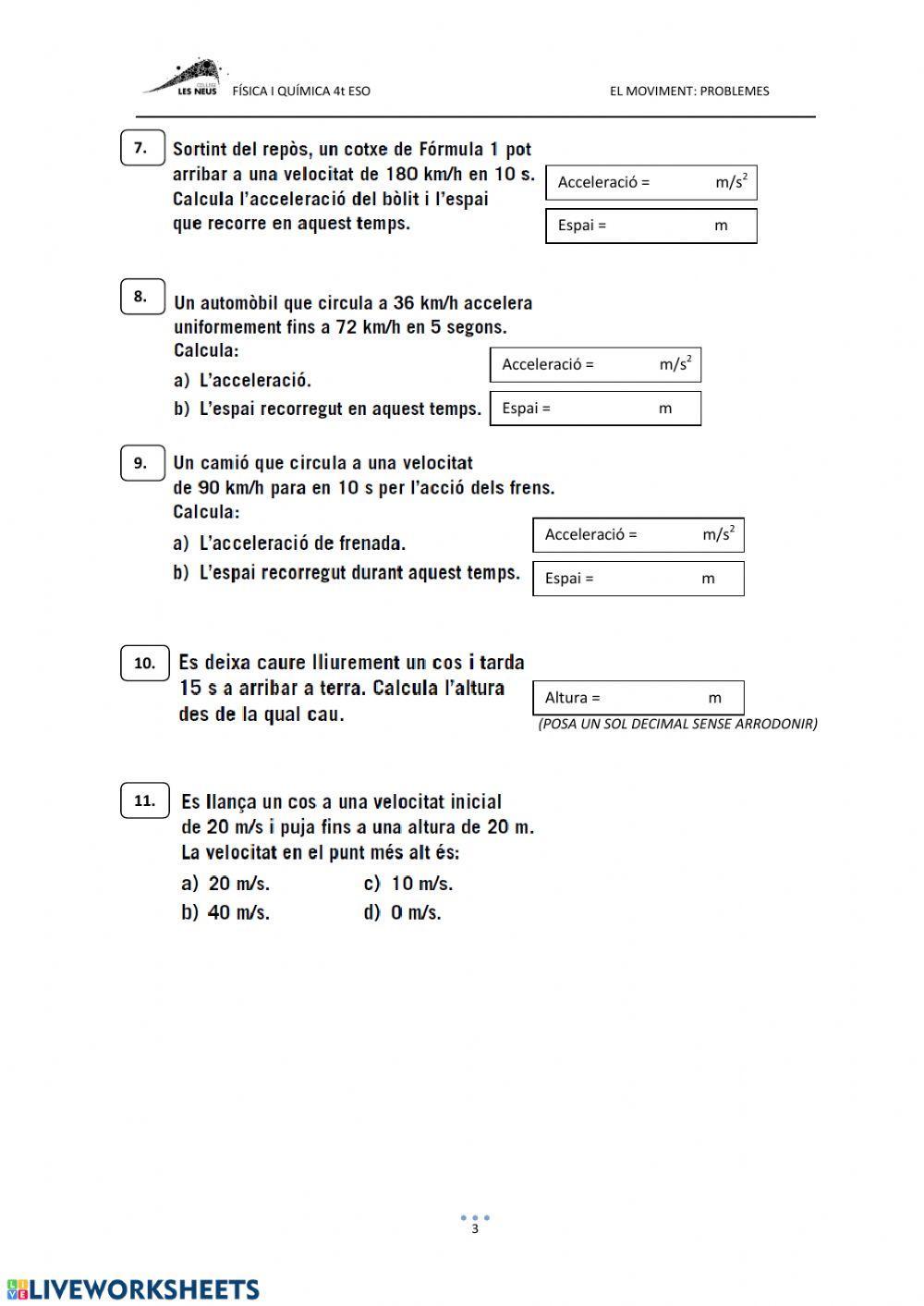 FÍSICA 4t ESO. EL MOVIMENT. PROBLEMES