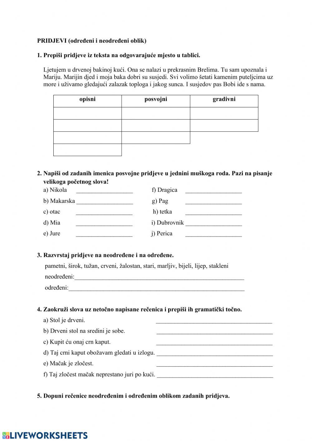 Pridjevi (određeni i neodređeni oblik)