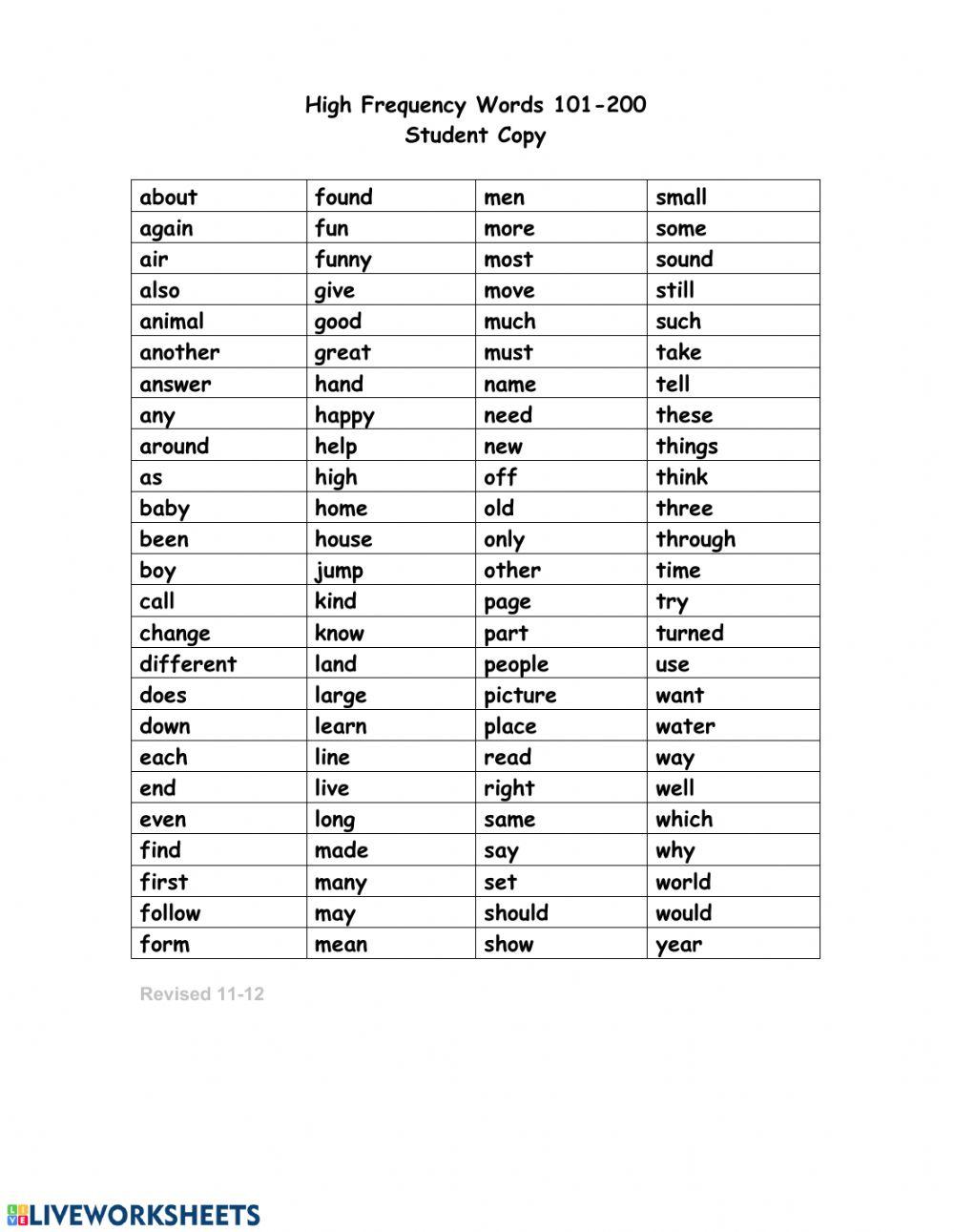 High Frequency Words worksheet | Live Worksheets