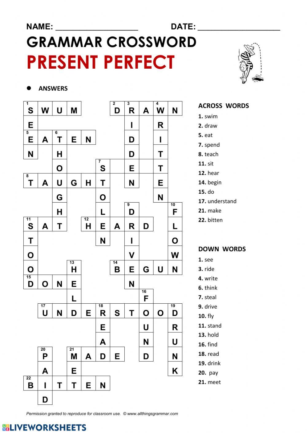 Present perfect crossword online exercise for Live Worksheets