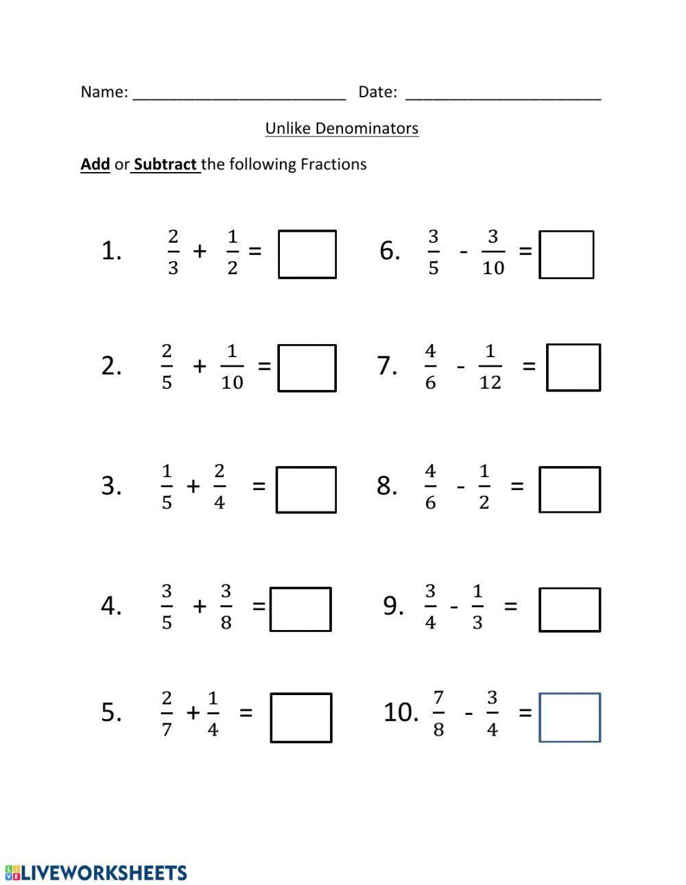 Adding and Subtracting Unlike Denominators