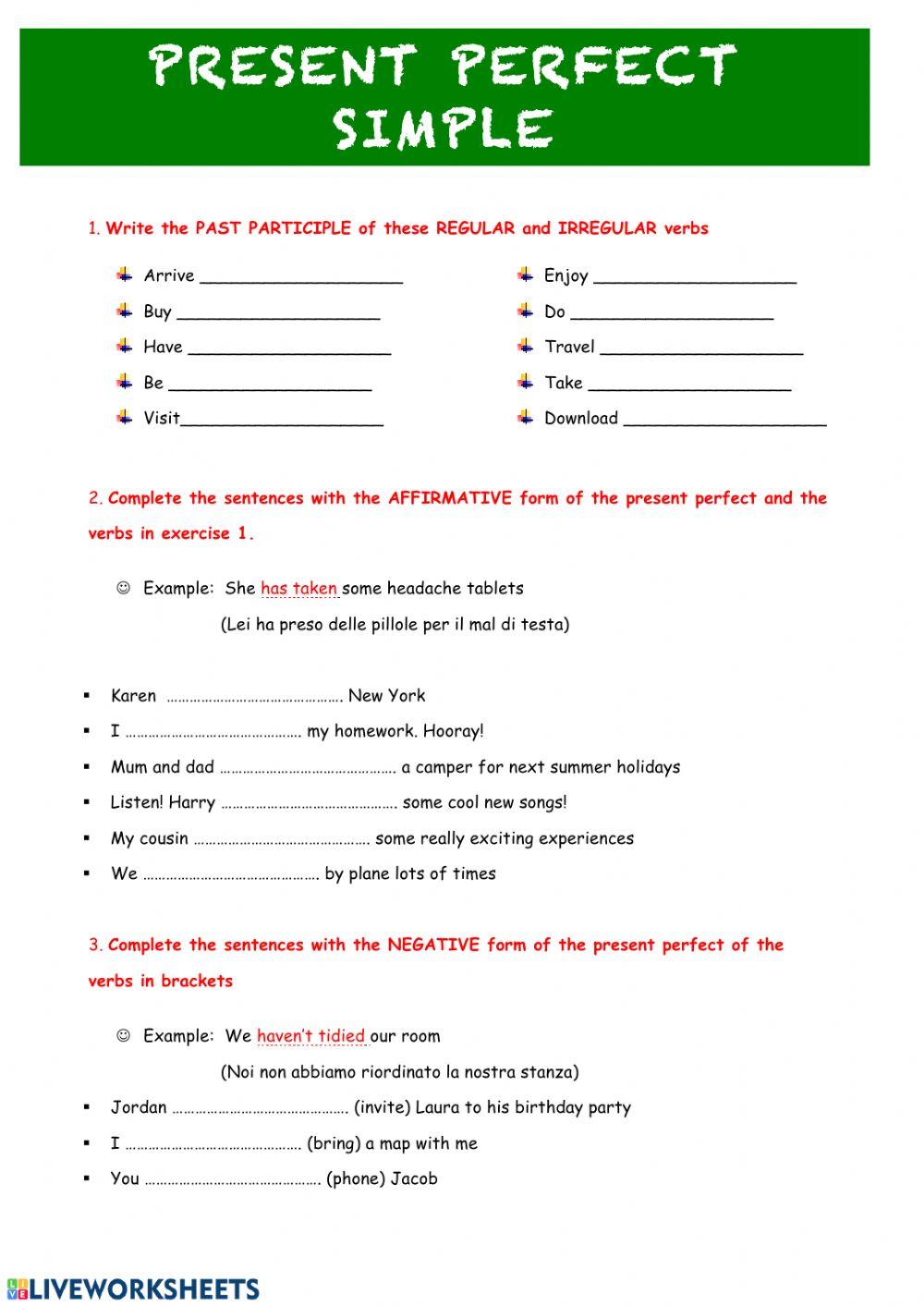 PRESENT PERFECT SIMPLE all forms exercises online exercise for | Live ...