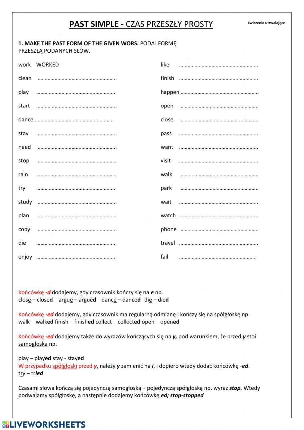 ćwiczenia utrwalające - klasa 5 - past simple 