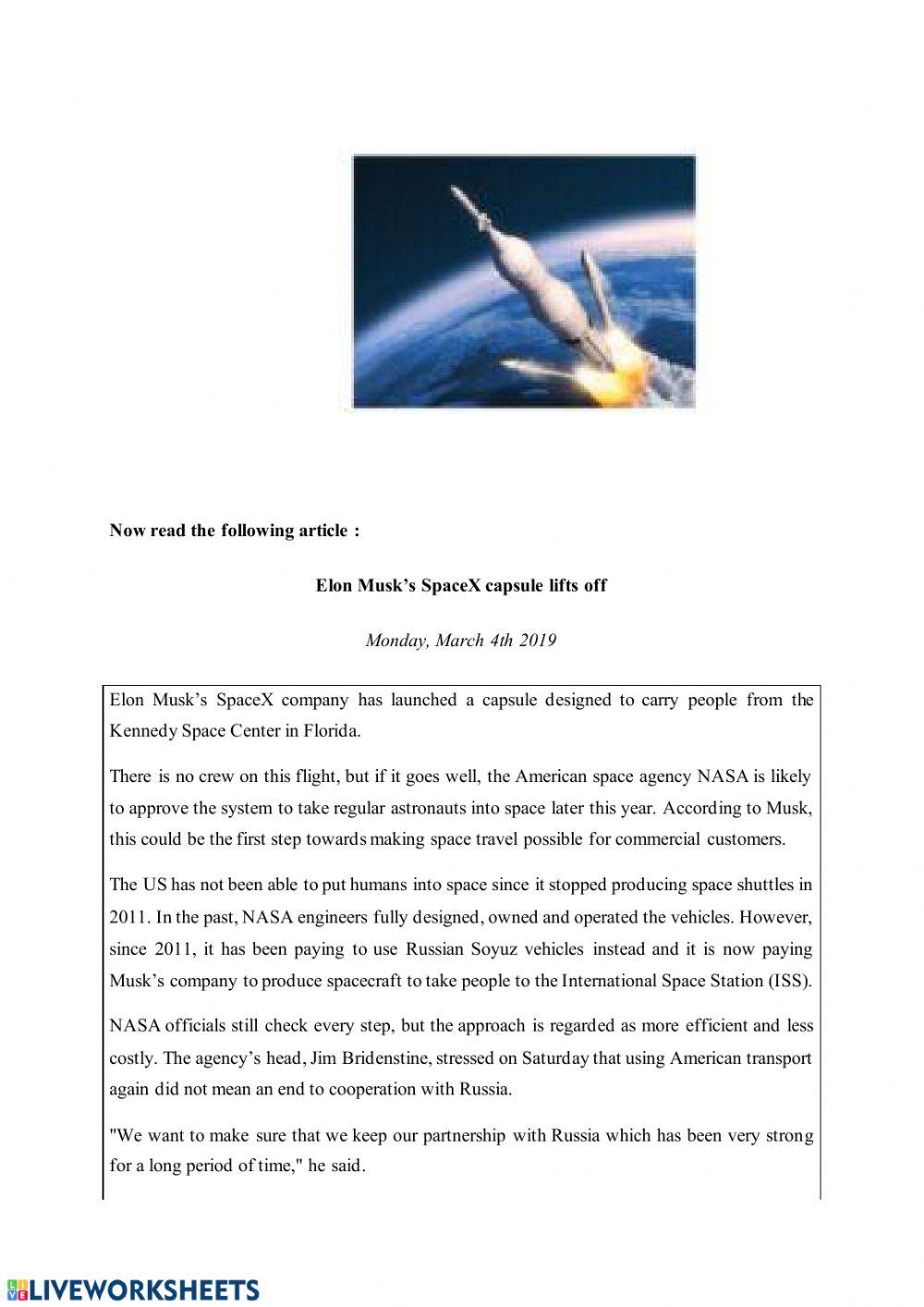 SpaceX Capsule Lifts Off worksheet Live Worksheets