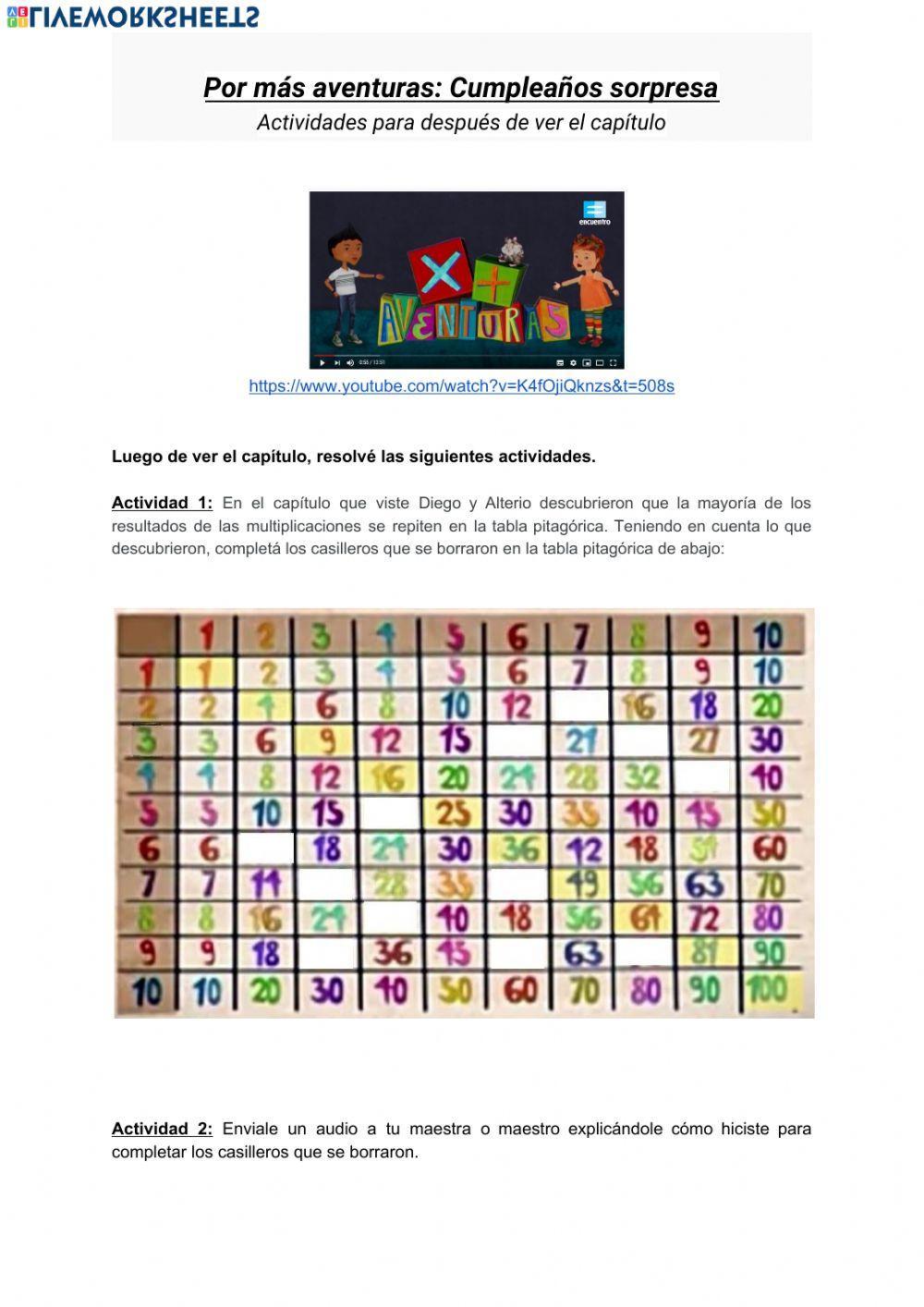 Matemática - Actividades para después Por más Aventuras: Cumpleaños sorpresa - Segundo Ciclo