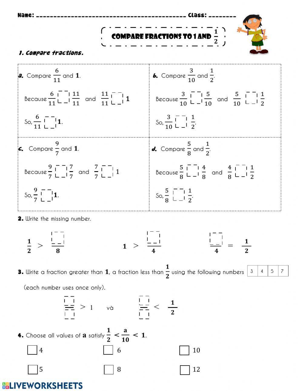 Compare fraction to 1, 1-2 (Practice)