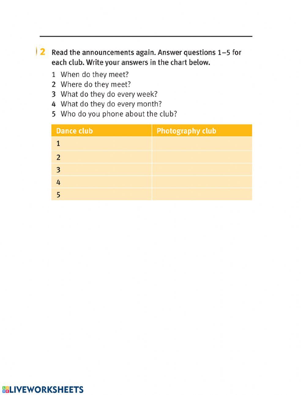Grade 5. Answer the questions about the clubs