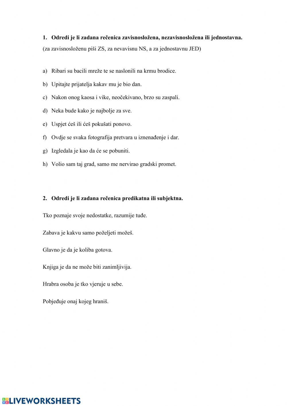 Zavisnosložene rečenice: subjektna i predikatna