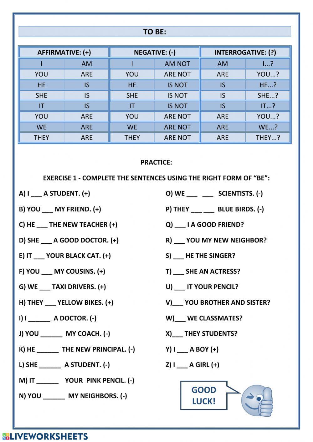 VERB TO BE - AFF, NEG, INT