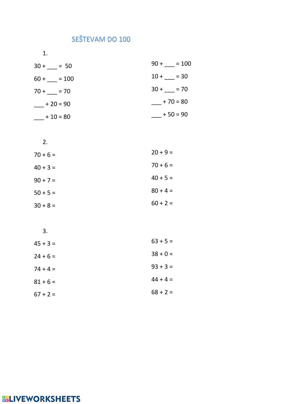Seštevanje do 100