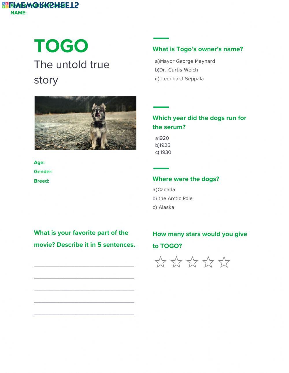 Togo: movie worksheet