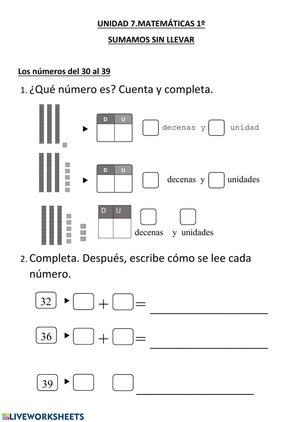 Los números del 30 al 39